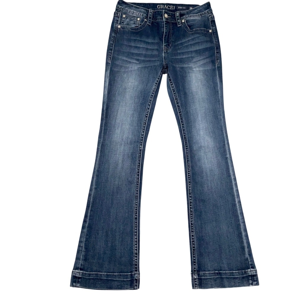 Grace in LA Jeans Women 29 Dark Blue Gems Tonal Embroidered Easy Fit Bootcut